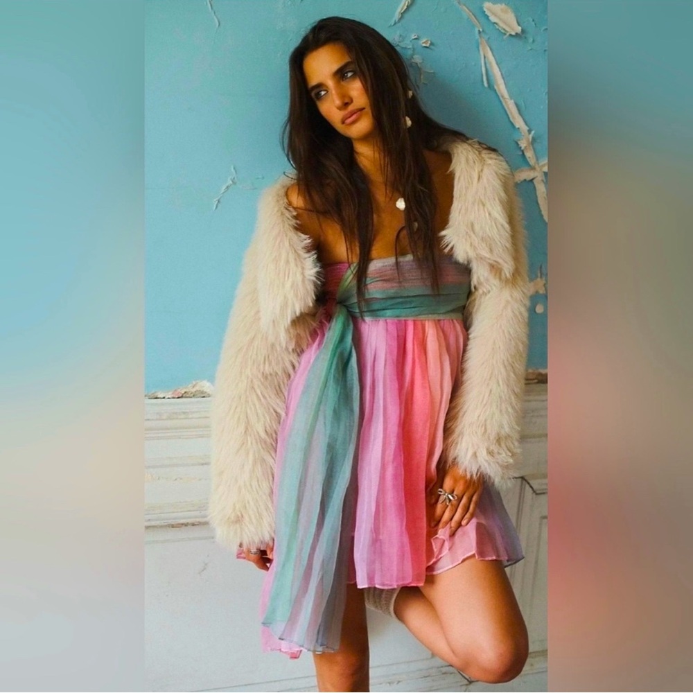Free People In Rainbows Mini Dress
NWOT Medium 
Multicolor Pleated with Bow